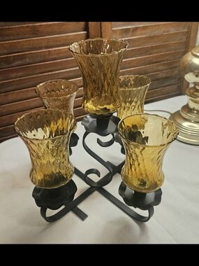Homco Amber Glass Candle Holder Set with Black Metal Base 12x8